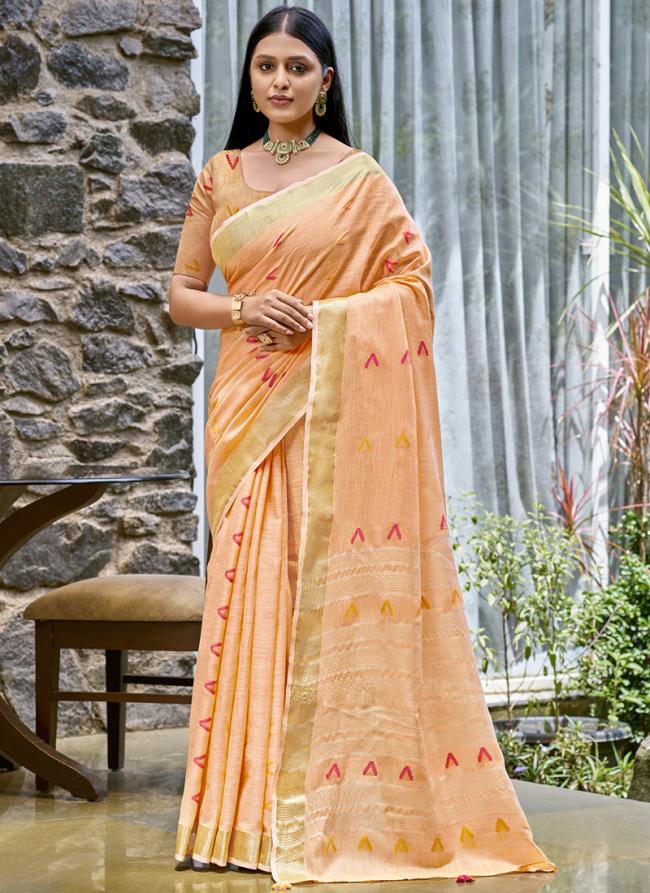 Cotton Peach Traditional Wear Weaving  Saree